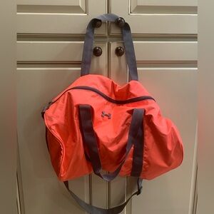 Under Armour Bright red orange Duffel Bag with Gray Straps EUC